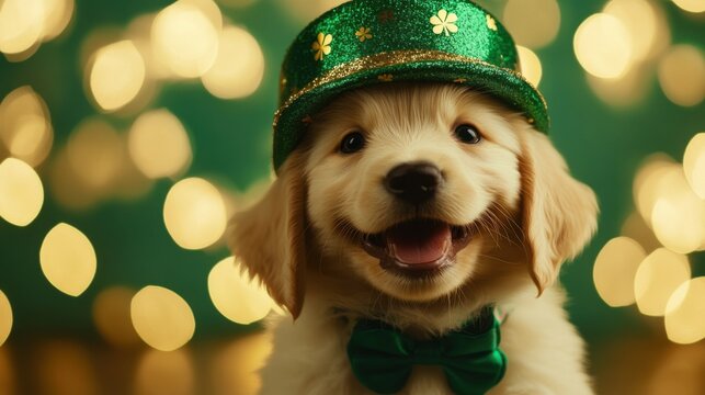 Happy golden retriever puppy in festive St Patrick's day green hat on green holiday background. Irlend and Irish traditional holiday. Banner, poster with copy space