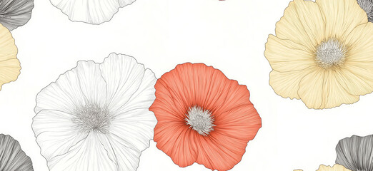 Fototapeta premium Colorful cosmos flowers seamless pattern blooming on white background. Spring background. Small hand drawn flower pattern