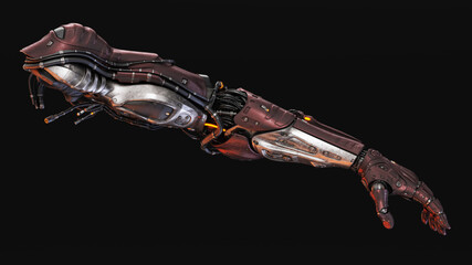 Futuristic robotic arm with intricate details and metallic finish representing advanced technology and innovation in artificial intelligence and prosthetics