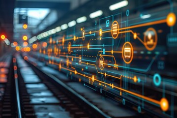 Futuristic urban transportation with digital interface in a modern train station