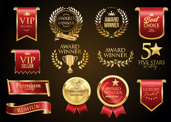 VIP and premium emblem and badges red and gold color isolated on black background stock illustration