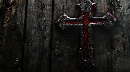 Ancient Red Cross on Dark Wooden Background
