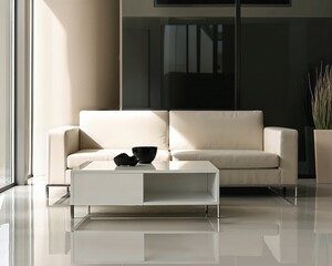 Generative AI, Modern minimalist living room with glazed ceramic lift-top coffee table, laser-cut detail shoe cabinet, and powder-coated aluminum modular sofa