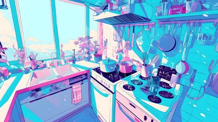 Obraz premium Kitchen setting in anime style, with a mix of blue and pink tones