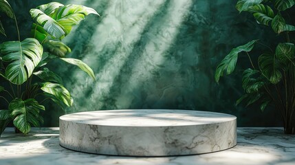 Marble Product Display with Lush Tropical Plants: Elegant and Serene Studio Photography for Premium Branding