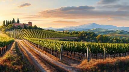 Fototapeta premium Scenic Vineyard Landscape at Sunset with Lush Green Grapevines and Rolling Hills in the Background