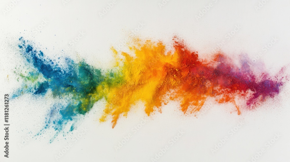 Poster an artistic capture of holi powders thrown into the air, creating a colorful mist against a soft whi