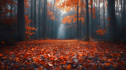 Fototapeta premium vibrant orange and red autumn leaves scattered on a forest floor. 