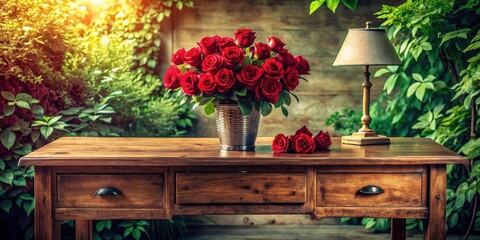 Vintage wooden desk with a cluster of red roses and lush greenery , interior, flowers