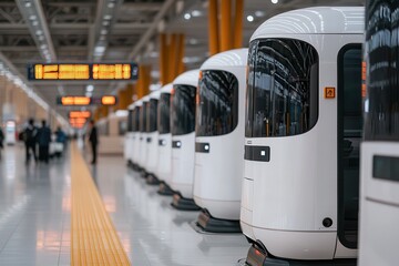 Airports provide transit transportation services. Modern automated transit pods lined up in a sleek station.