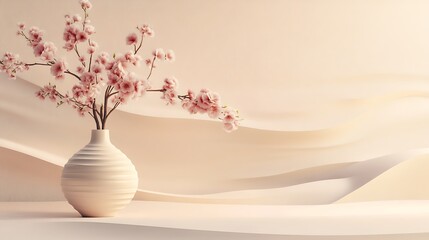 Pink blossoms in a ceramic vase against a beige backdrop