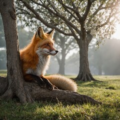 A cartoon-style fox sitting under a tree with a plain white background.