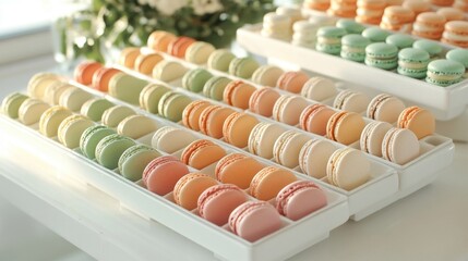 A colorful assortment of macarons displayed in elegant trays, showcasing pastel shades of green, orange, yellow, and pink, perfect for a dessert table.
