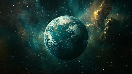 Fototapeta premium Serene cosmic view of a bluegreen planet surrounded by shimmering stars and faint colorful galactic clouds floating in the vastness of space