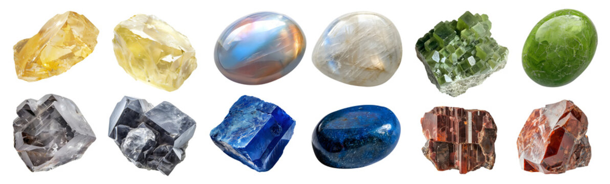 Collection set of gemstone mineral rocks crystal semi-precious stones on transparent PNG. Moonstone, Lazulite, Monazite, Microlite, Manganotantalite, Idocrase Vesuvianite. Mockup for design	