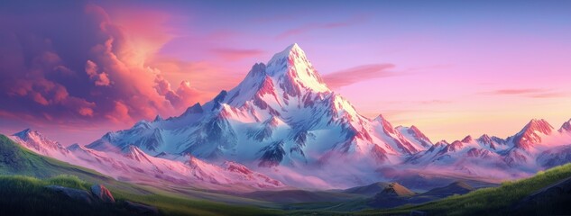 A majestic mountain range with snow-capped peaks under a pastel-colored sunrise, surrounded by lush green meadows in the foreground