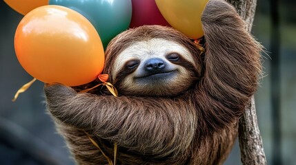 Fototapeta premium A sloth joyfully holds colorful balloons, showcasing a playful and whimsical atmosphere in a natural setting.