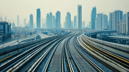 Fototapeta premium Dubai Metro Tracks and Skyline: A Futuristic Urban Landscape