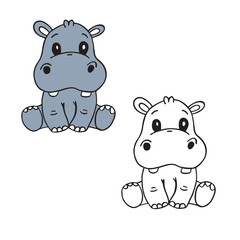 hippo. cartoon. drawing with line art. simple design. vector illustrations
