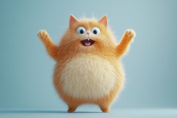 A fluffy orange and white cartoon cat with big eyes and a cheerful expression, standing on a plain background