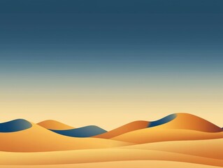 A sprawling desert landscape with dramatic sand dunes and a clear gradient sky transitioning from deep blue to golden yellow