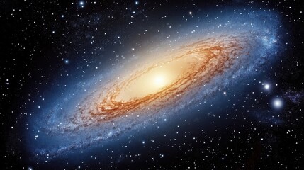 Fototapeta premium A stunning spiral galaxy illuminated by a bright core, surrounded by twinkling stars against a dark cosmic backdrop.