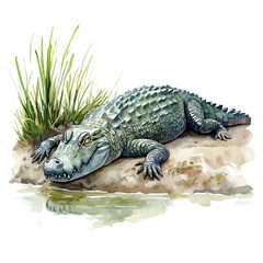 A watercolor painting of a crocodile sunbathing on the riverbank, isolated on a white background. Crocodile vector.
