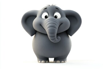 Cute cartoon elephant with a fluffy texture, big eyes, and a cheerful expression standing on a plain white background