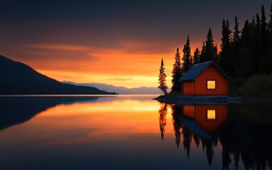 Fototapeta premium A vivid sunset over a tranquil lake surrounded by pine trees, with golden reflections shimmering on the water