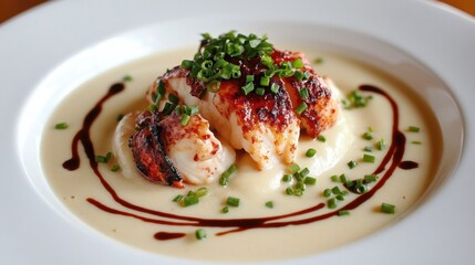 A gourmet dish featuring grilled shrimp on a creamy sauce, garnished with herbs and a drizzle of balsamic reduction.