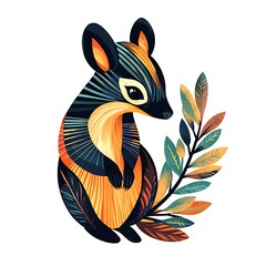 Obraz premium Stylized illustration of a cute, small marsupial sitting beside colorful leaves.