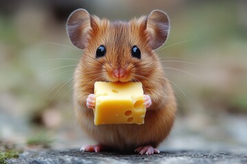 Adorable mouse holding a piece of yellow cheese with both paws while sitting on a rocky surface and looking directly at the camera