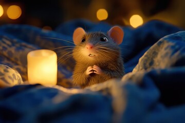 Adorable cartoon mouse sitting on a cozy blanket illuminated by a glowing candle in a warm and magical nighttime 