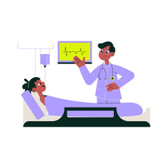 Male Doctor Discussing Heartbeat Monitor With Female Patient In Flat Vector Illustration Symbolizing Healthcare, Diagnosis, And Medical Treatment, Isolated On White Background.
