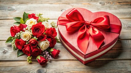 Fototapeta premium A red bow tied around a heart-shaped gift box with flowers , love symbols