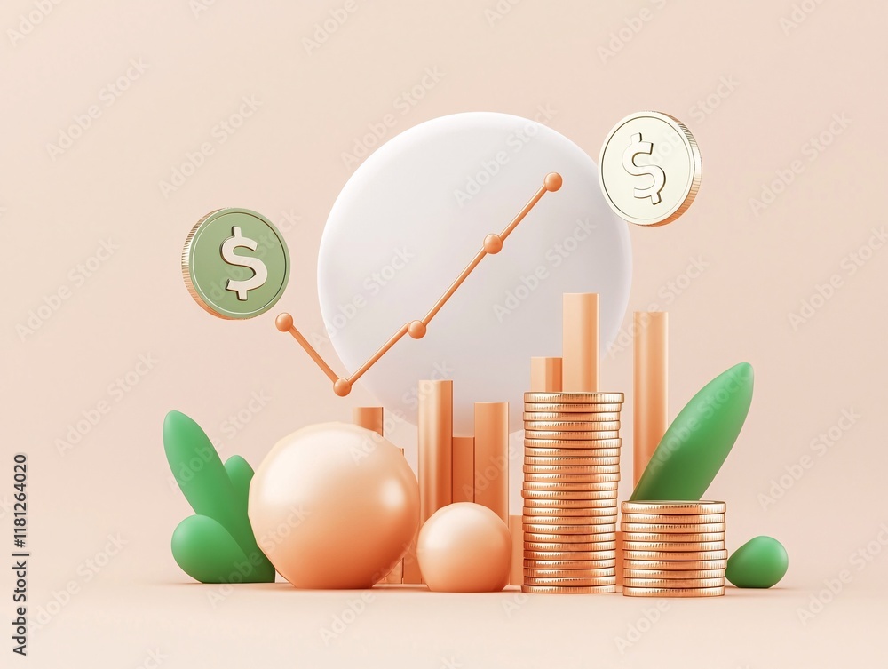 Poster a 3d rendering of stacked coins alongside a line graph symbolizing growth stages