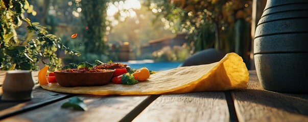 Fototapeta premium A vibrant outdoor scene featuring a tortilla filled with colorful vegetables and spices.