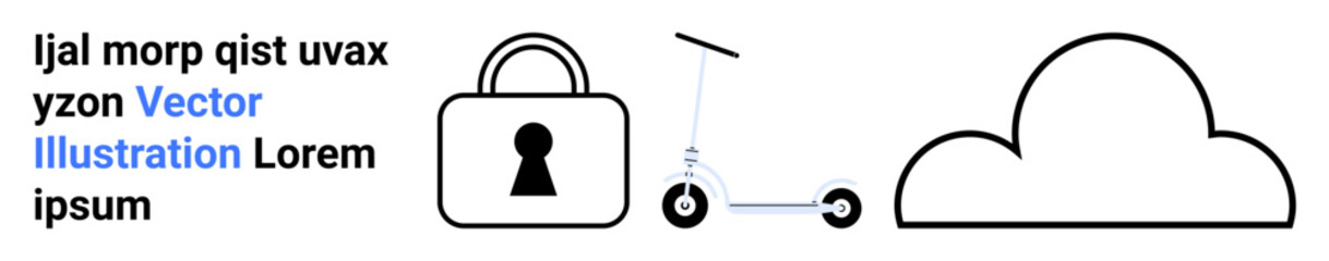 Electric scooter next to a secure lock and cloud symbol, representing tech security and mobility. Ideal for smart cities, cyber security, internet safety, data protection, future mobility solutions