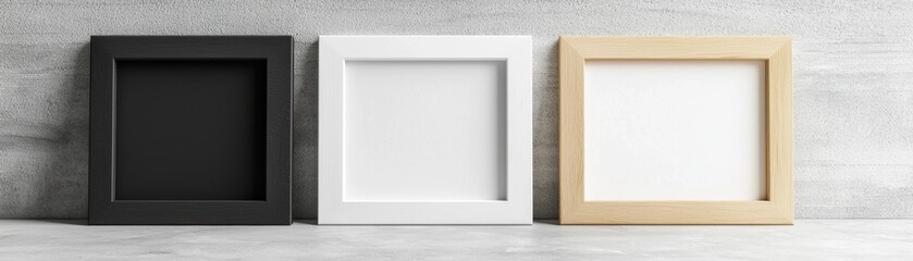 Black, white, and wooden minimalist frames aligned for content placeholders, marketing visuals, or art exhibition promotional material