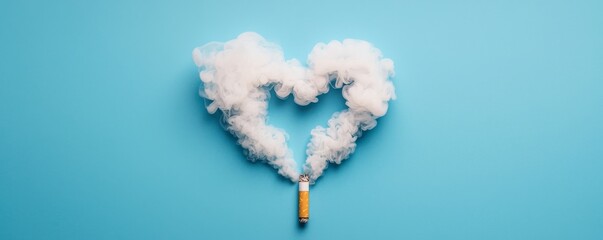 Fototapeta premium Heart shape formed by smoke emanating from a cigarette against a blue minimal background, visualizing the rising risk of heart disease with smoking habits