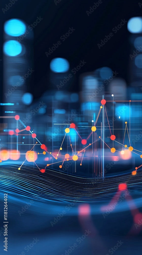 Poster abstract data points and line graphs superimposed over a city skyline background