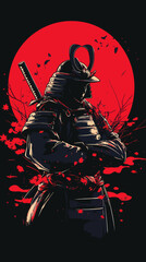 Fototapeta premium Dynamic Samurai Warrior Illustration Against Striking Red Black Backdrop