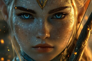 Elven Archer With Glittering Skin And Intense Gaze