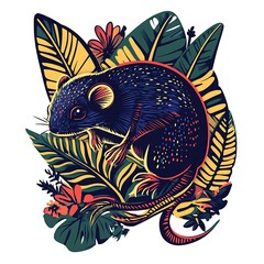Colorful rat illustration amidst tropical leaves and flowers.