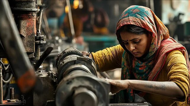 Focused indian factory worker operating industrial machinery in manufacturing plant