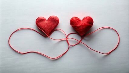 Two red hearts connected by a thin wire or thread, forming a heart-shaped bond