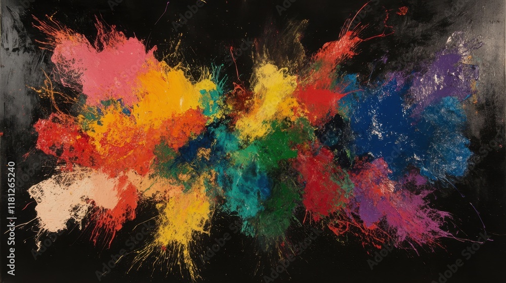 Poster holi colors splattered across a black canvas, creating a dramatic and bold abstract visual represent
