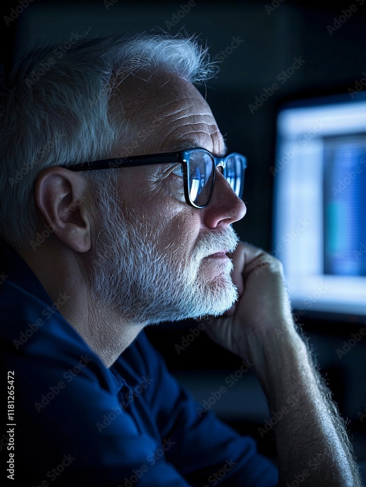 Poster an individual studying candlestick patterns on a computer screen in a dark room