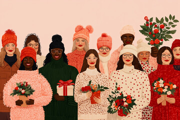 Obraz premium A group of diverse individuals sharing a joyful, compassionate moment, symbolizing the celebration of kindness, with a warm pastel-colored background that enhances the sense of unity and positivity.