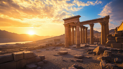Naklejka premium Ancient temple ruins at dawn with sun rising